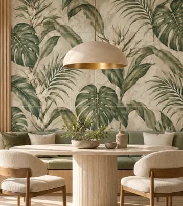Dining nook with botanical tile wall, travertine table and brass pendant