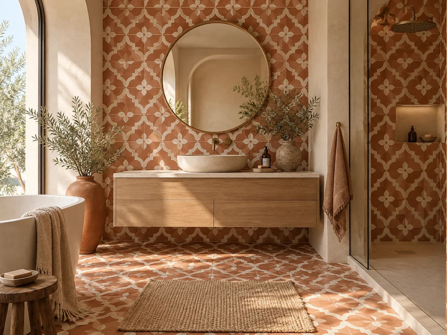 Bathroom with terracotta Moroccan-pattern walls and floor, round mirror and oak floating vanity