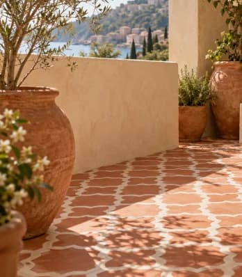 Sunny patio with terracotta patterned floor, olive trees and clay planters