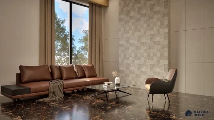 Living room with glossy black and gold marble-look floor, cognac leather sofa and textured feature wall