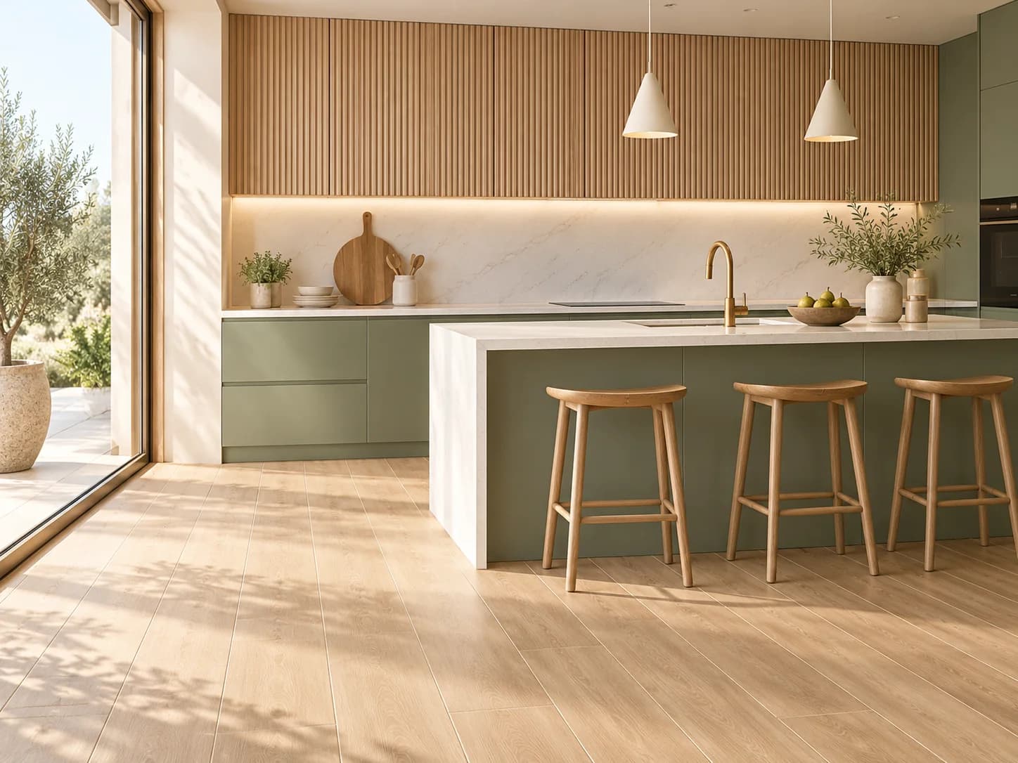 Scandinavian kitchen with sage cabinets, fluted oak uppers and honey oak plank floor