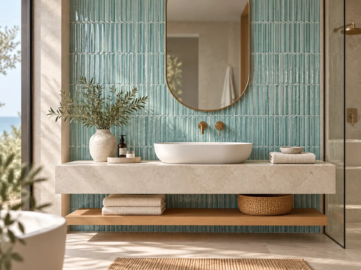 Spa-inspired bathroom with a vertical aqua kitkat tile wall, stone vanity and brass fittings