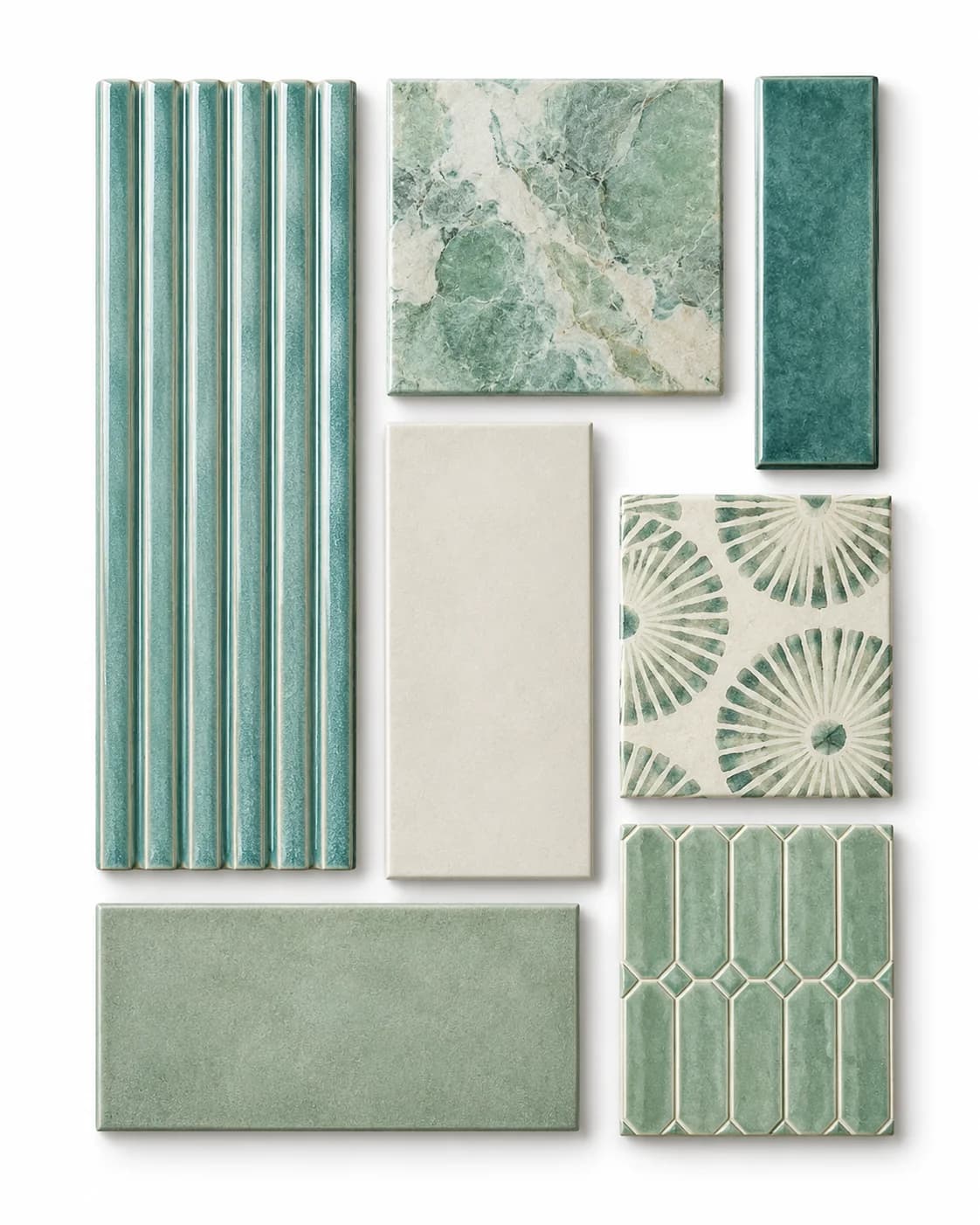 Flat-lay of aqua fluted ceramic, green onyx-look stone, chalk-white and sage tiles