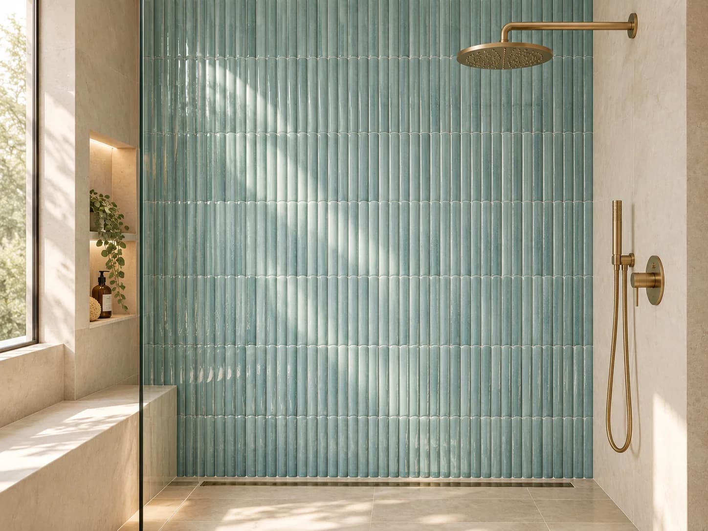 Walk-in shower with floor-to-ceiling aqua kitkat tiles and brushed brass shower set