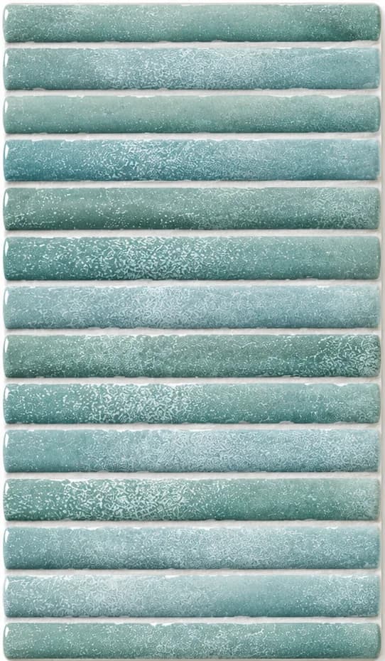 Stack of glossy aqua-mint kitkat tiles showing tonal variation between pieces