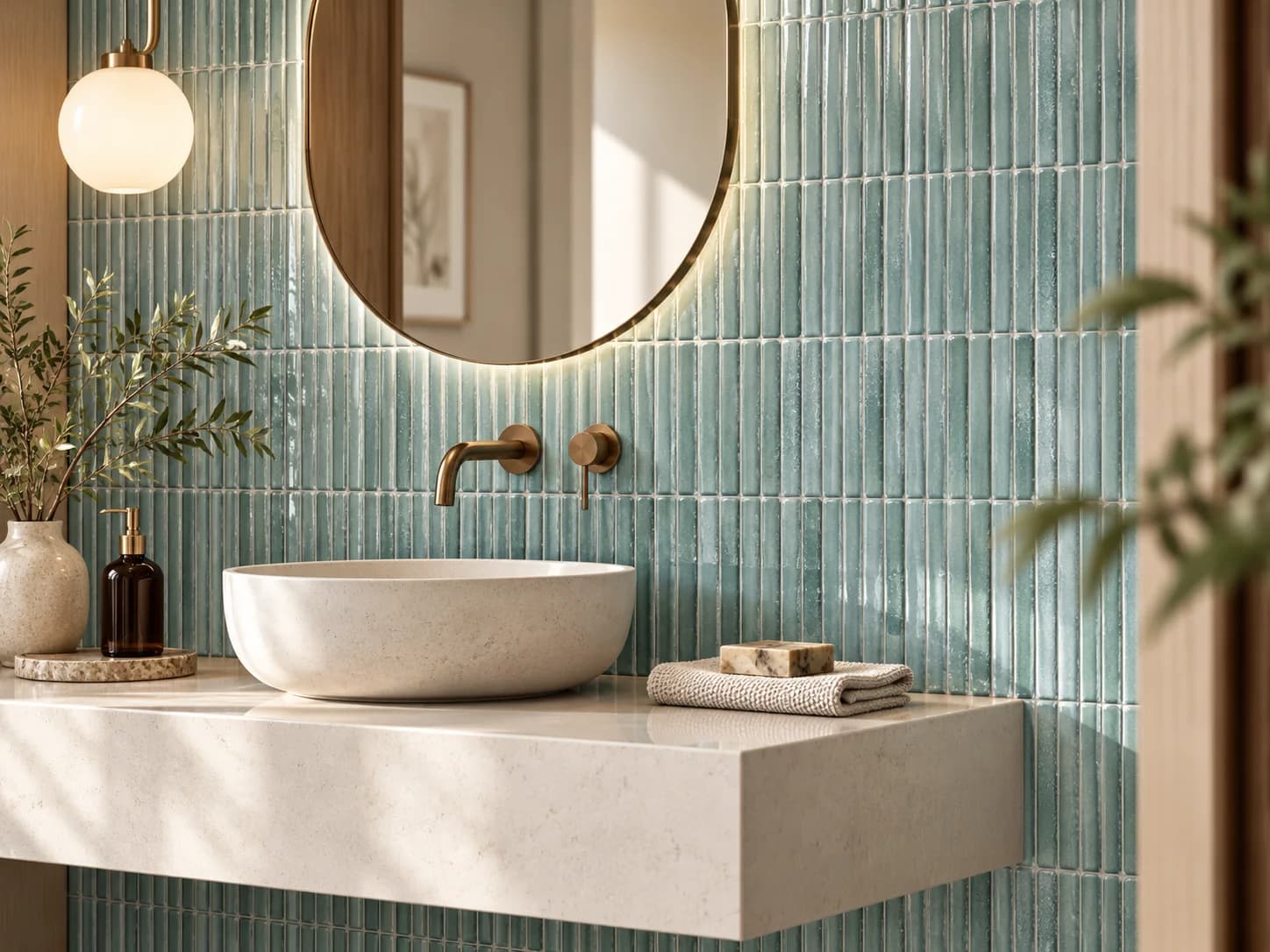 Vanity niche with aqua kitkat tiles, oval mirror and stone vessel basin